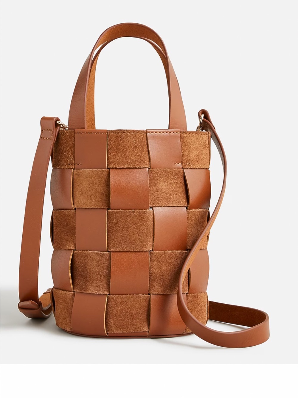 J. Crew Woven bucket bag in leather and suede in Cognac Brown Tan
